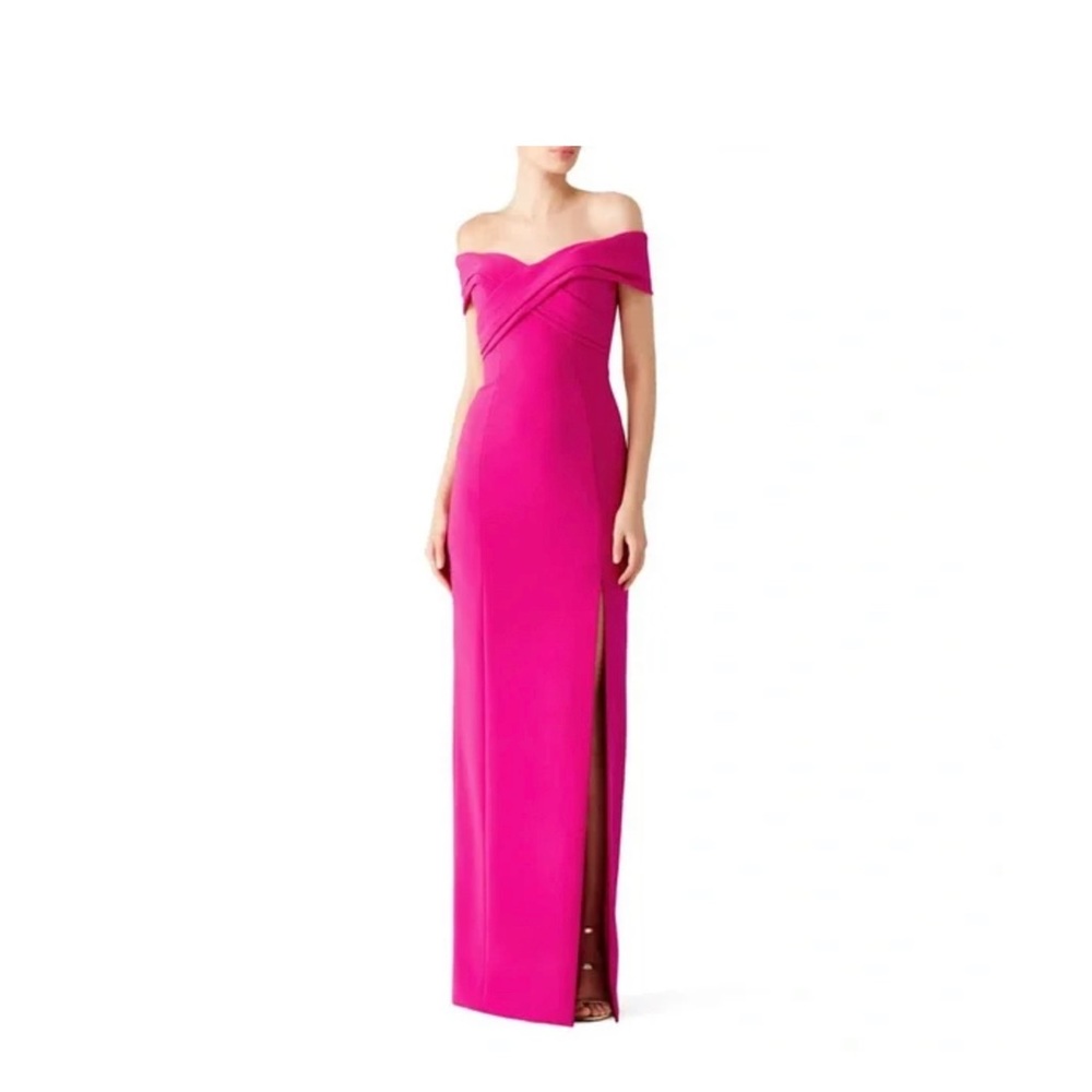 [theia] fuschia off the shoulder gown